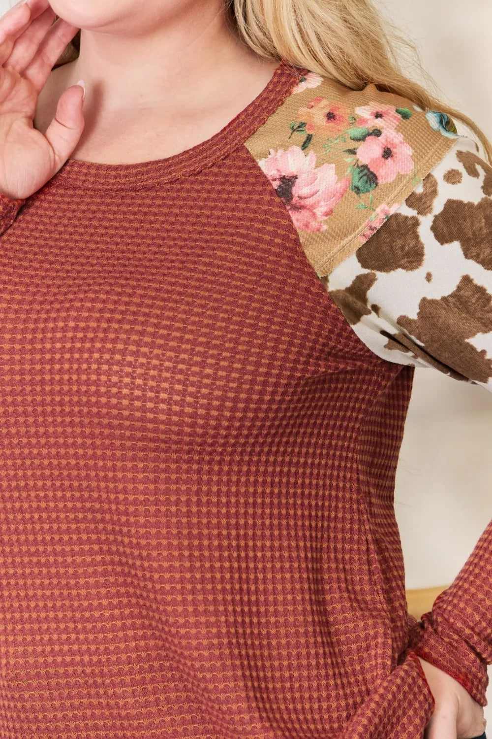Hailey & Co Full Size Leopard Waffle-Knit Blouse - Lilixa.store