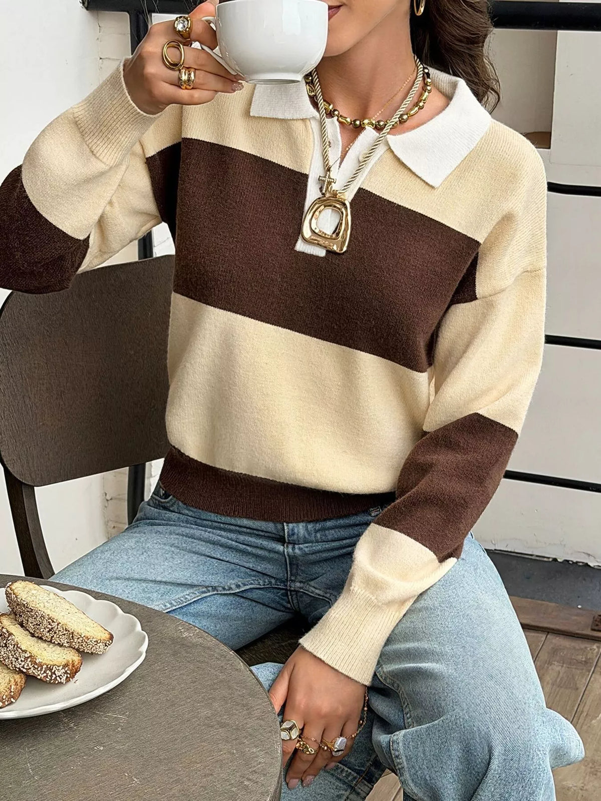 Color Block Polo Collar Knit Sweater - Lilixa.store