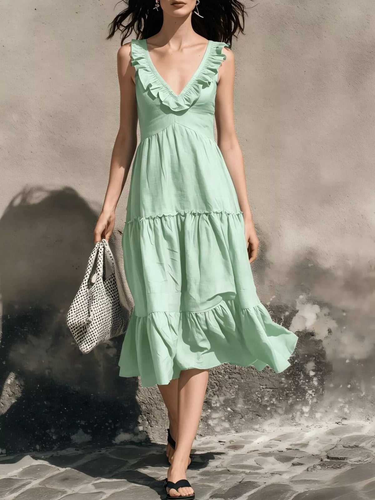 Full Size Ruffled V-Neck Tiered Midi Dress Plus Size - Lilixa.store