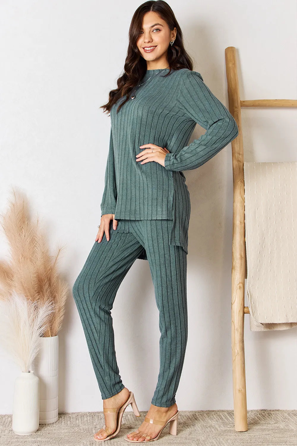 Basic Bae Full Size Ribbed Round Neck High-Low Slit Top and Pants Set - Lilixa.store