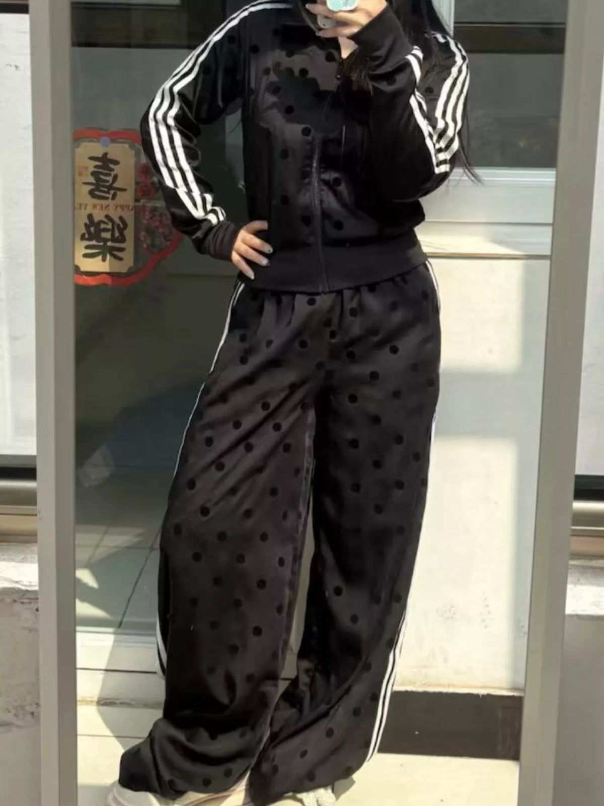 Polka Dot Side Striped Outerwear and Pants Set - Lilixa.store
