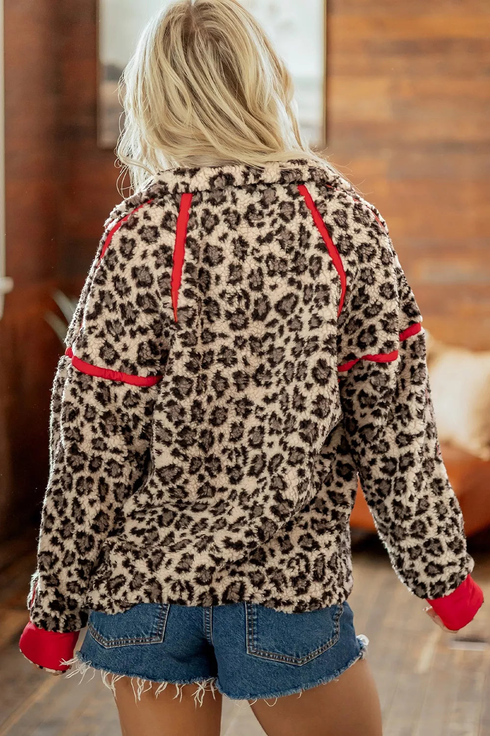 Leopard Print Zip-Up Red Accents Pockets Sweatshirt, view 3