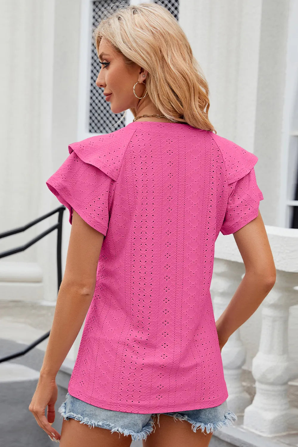 Eyelet Notched Flutter Sleeve T-Shirt - Lilixa.store