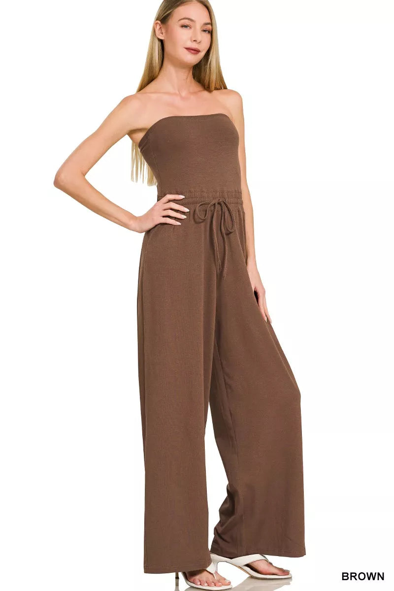 Zenana Tube Top Jumpsuit with Drawstring Waist in Brown, view 3