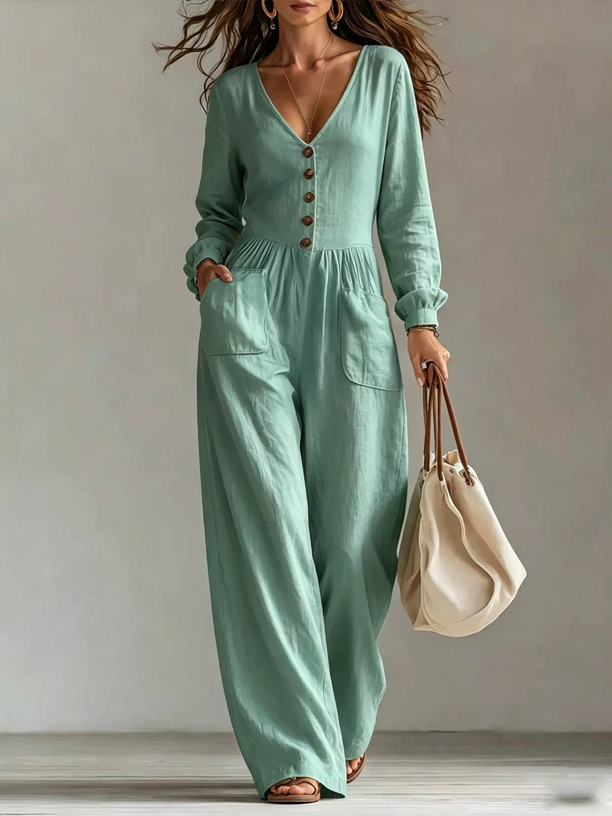 V-Neck Long Sleeve Button Front Wide-Leg Jumpsuit