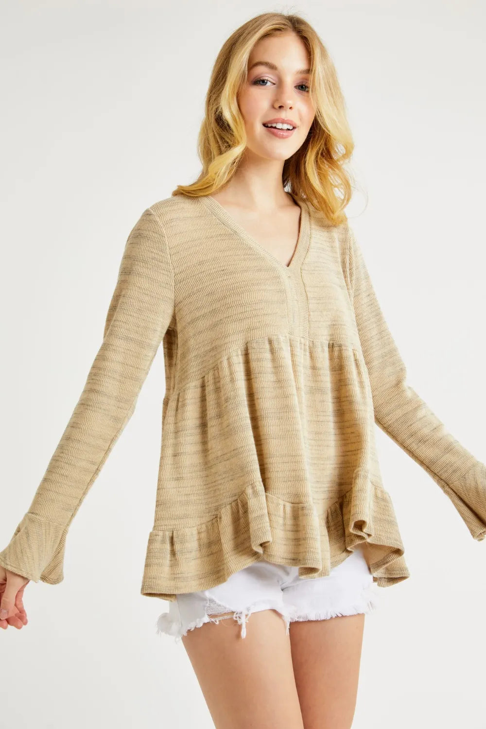 Hailey & Co V-Neck Flounce Sleeve Knit Top - Lilixa.store