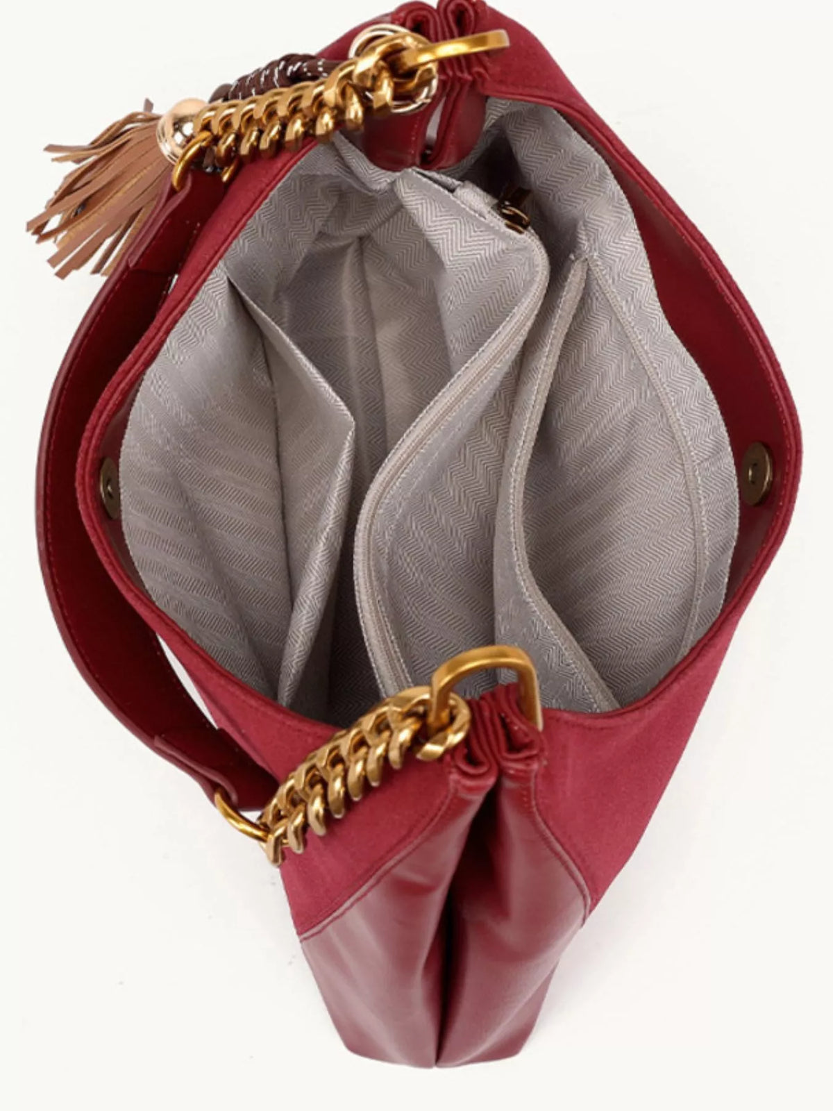 Chain Strap Tassel Charm Shoulder Bag in Wine Red, view 10