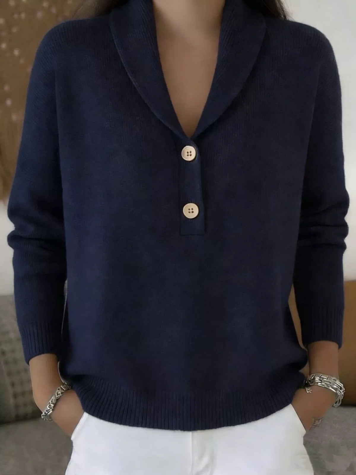Shawl Collar Button Detail Sweater in Navy Blue