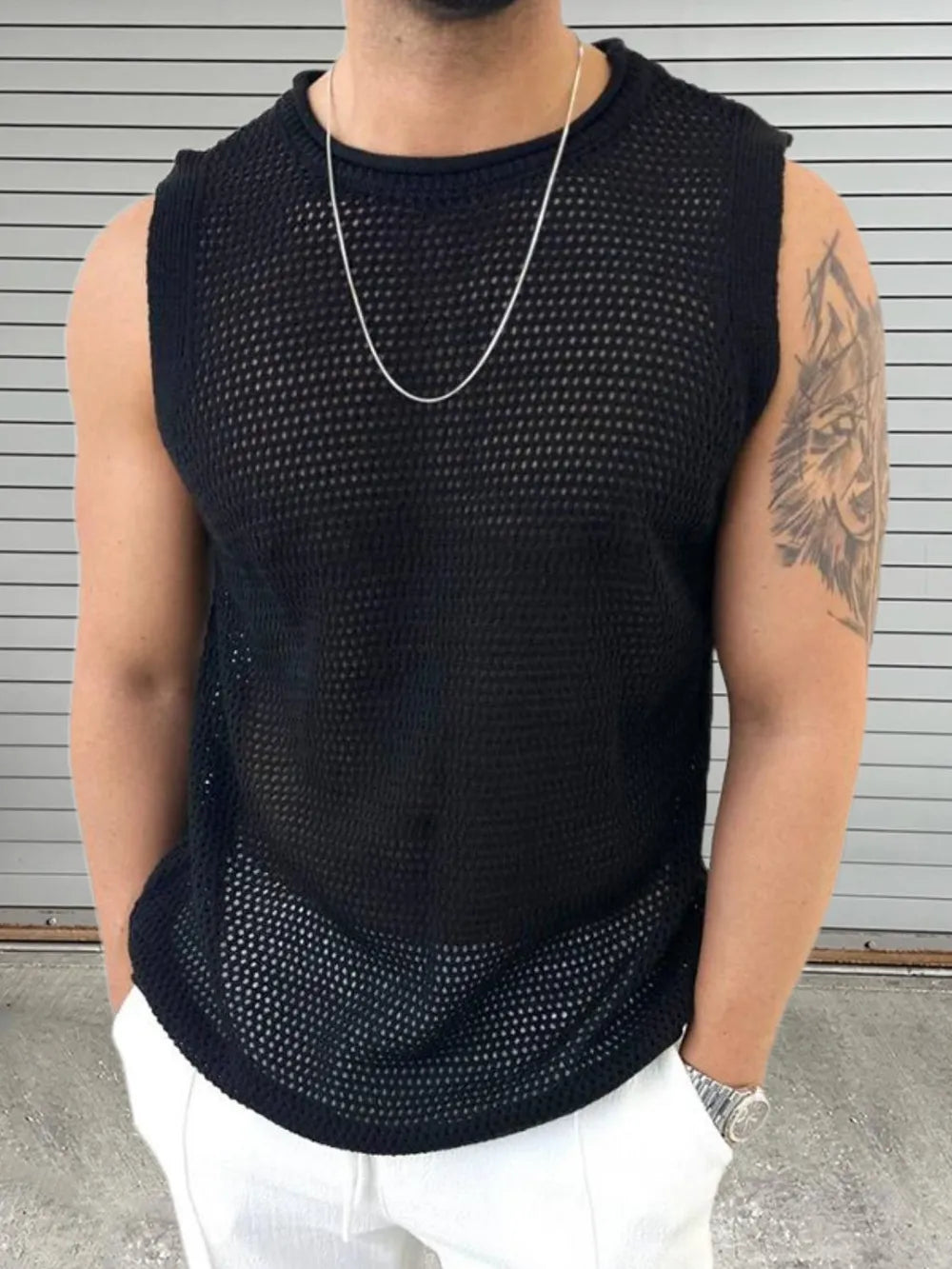 Men's Openwork Round Neck Sleeveless Knit Top - Lilixa.store