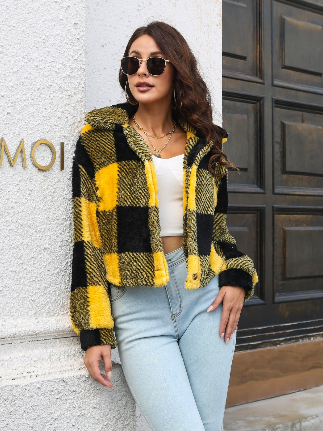 Plaid Dropped Shoulder Buttoned Jacket, view 2