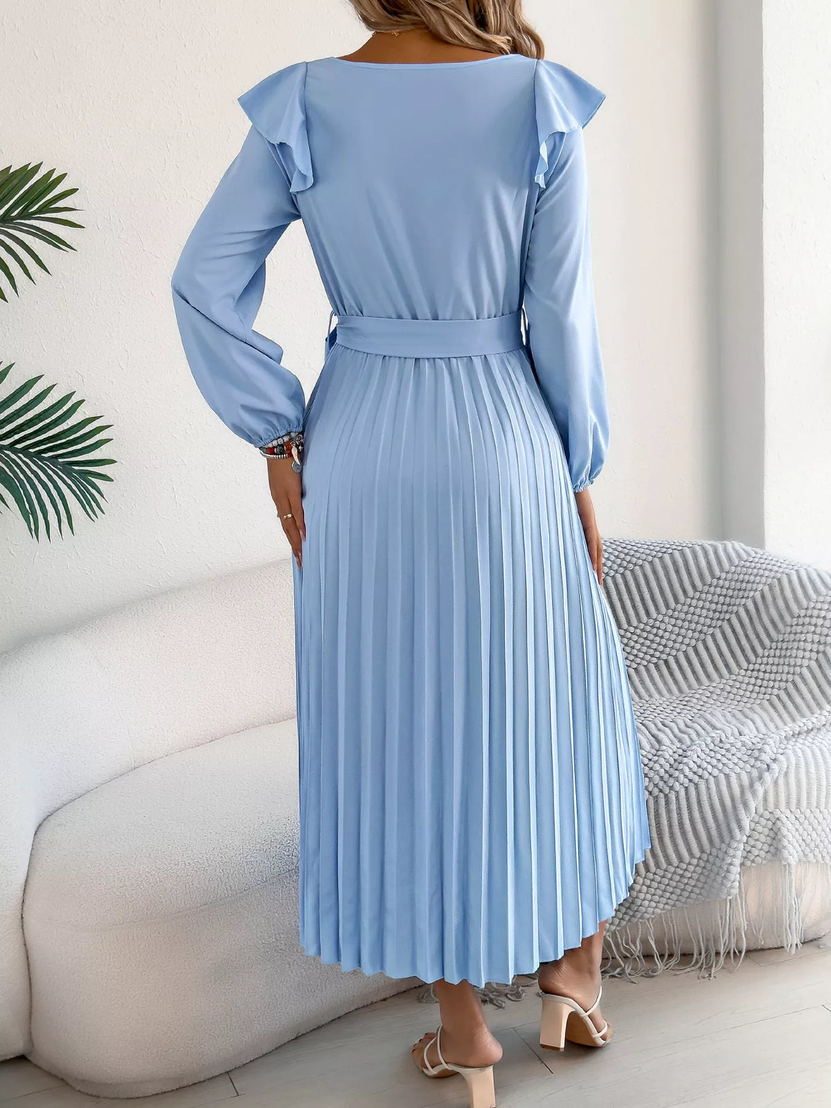 Ruffled Pleated Midi Dress with Waist Tie