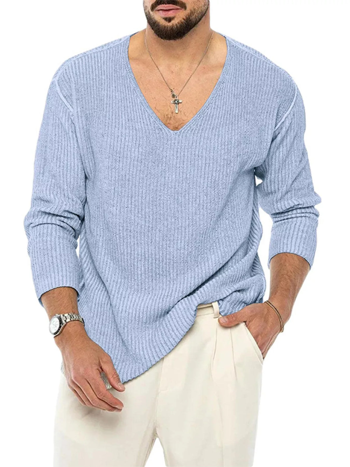 Men's Casual V-Neck Ribbed Knit Sweater - Lilixa.store