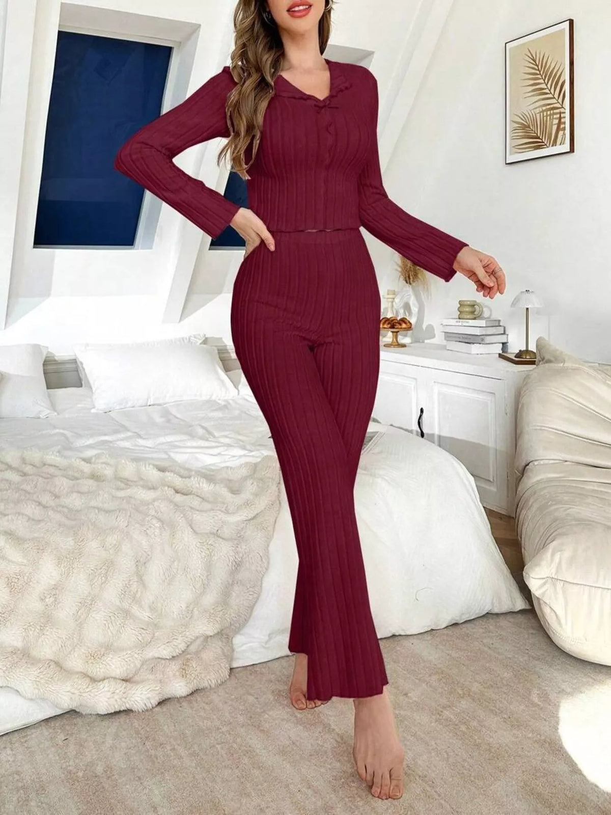 Bow Detail Ribbed Knit Top and Pants Lounge Set - Lilixa.store