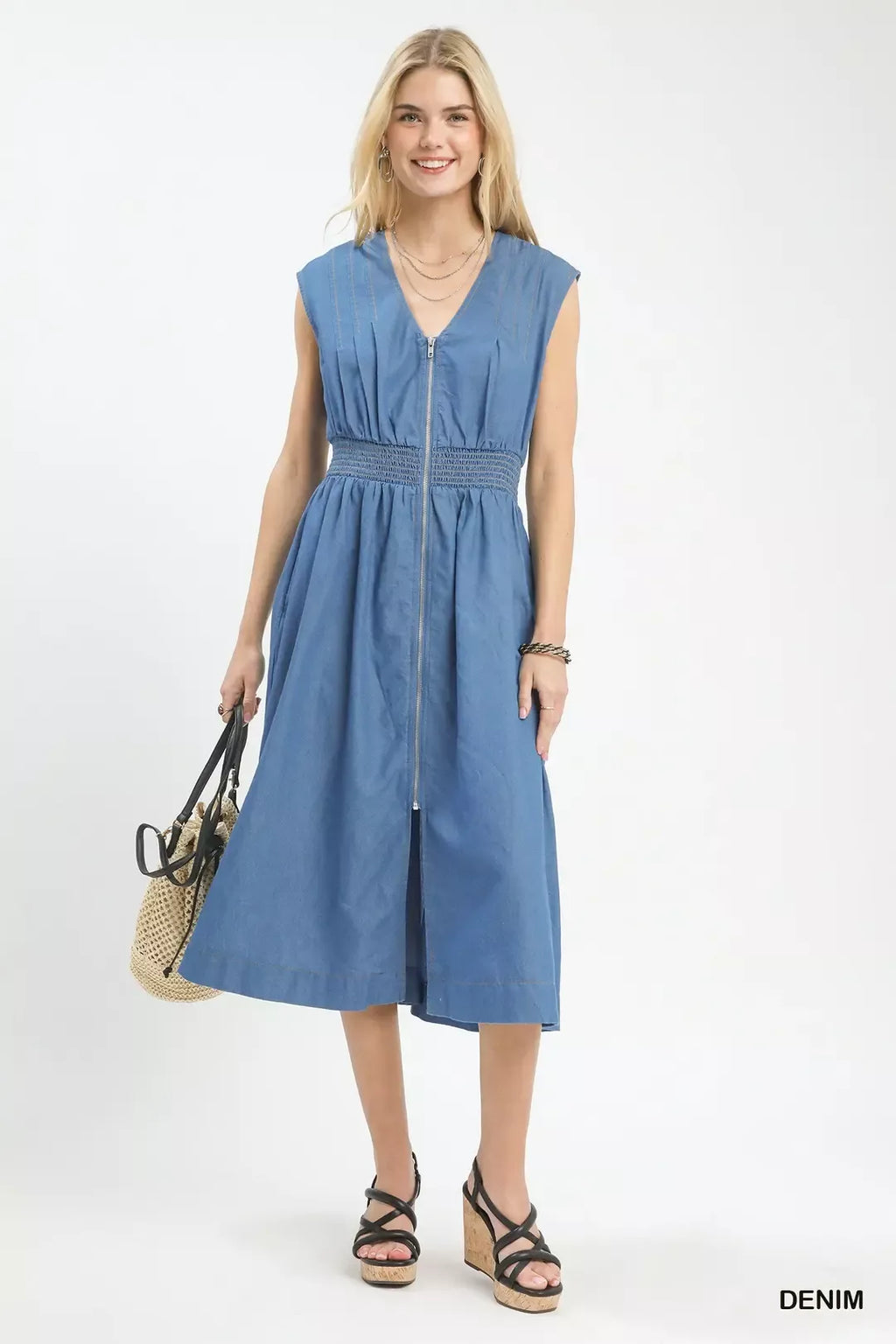 Umgee Denim Sleeveless Zip-Front Smocked Waist Midi Dress - Lilixa.store