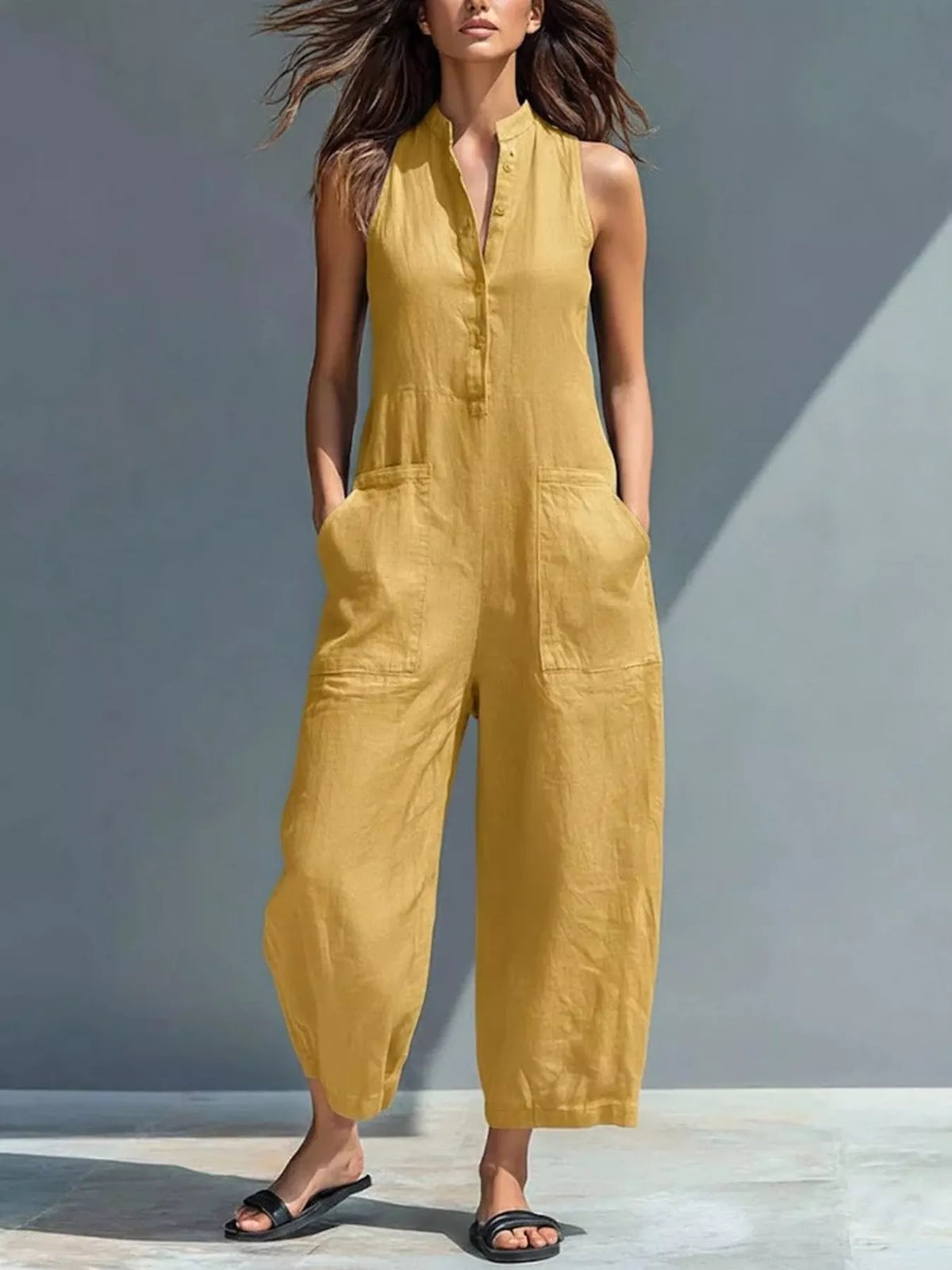 Full Size Button Front Sleeveless Jumpsuit Plus Size - Lilixa.store