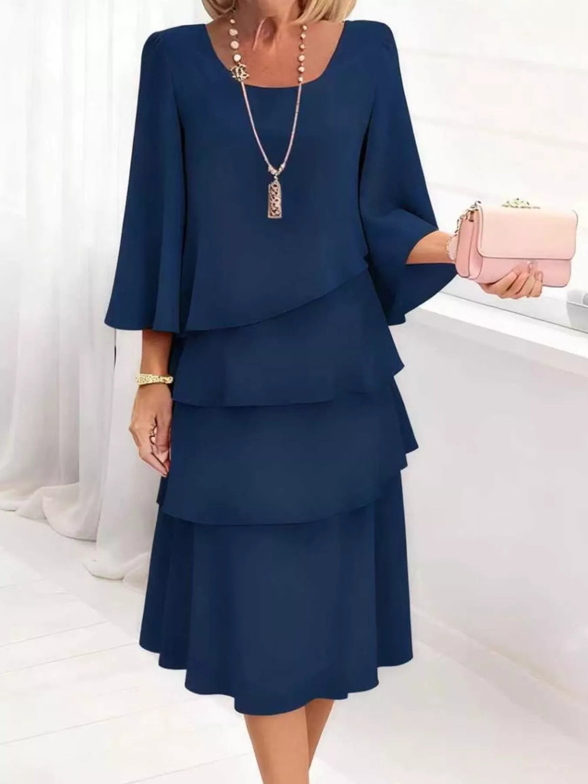 Full Size Ruffled Layered 3/4 Sleeve Dress Plus Size - Lilixa.store