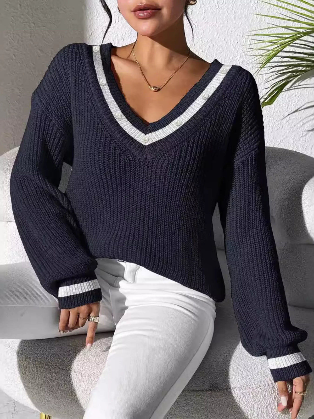 V-Neck Contrast Trim Sweater with Pearl Decor, view 5