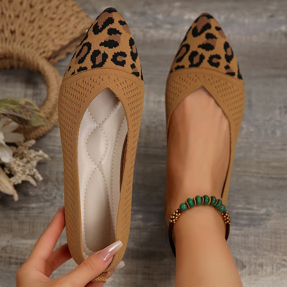 Point Toe Mesh Flat Slip-Ons in Caramel
