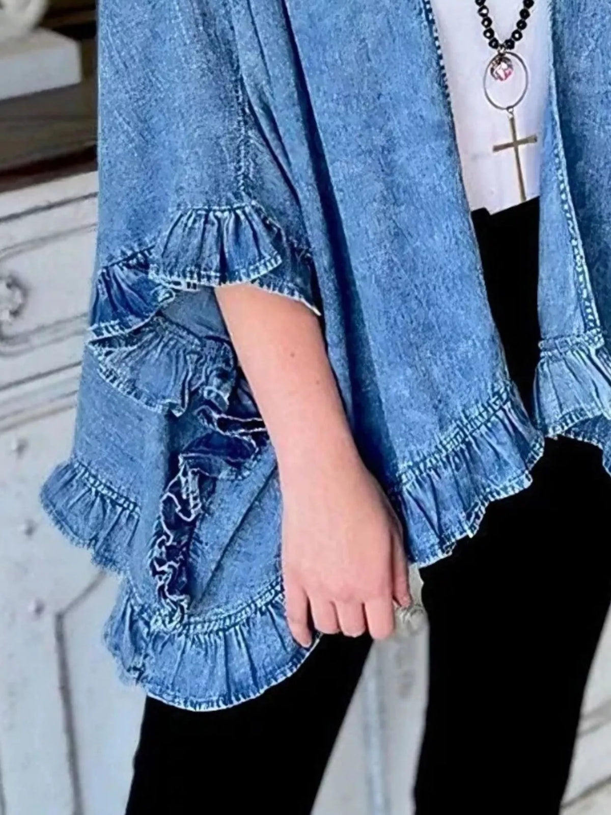 Full Size Ruffled Edge Open Front Denim Jacket Plus Size