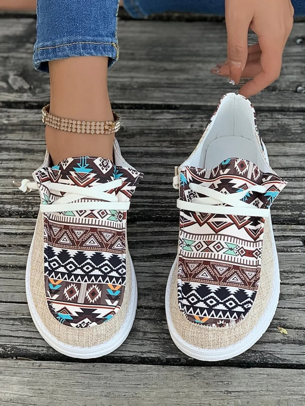Geometric Lace-Up Round Toe Slip-Ons, view 5