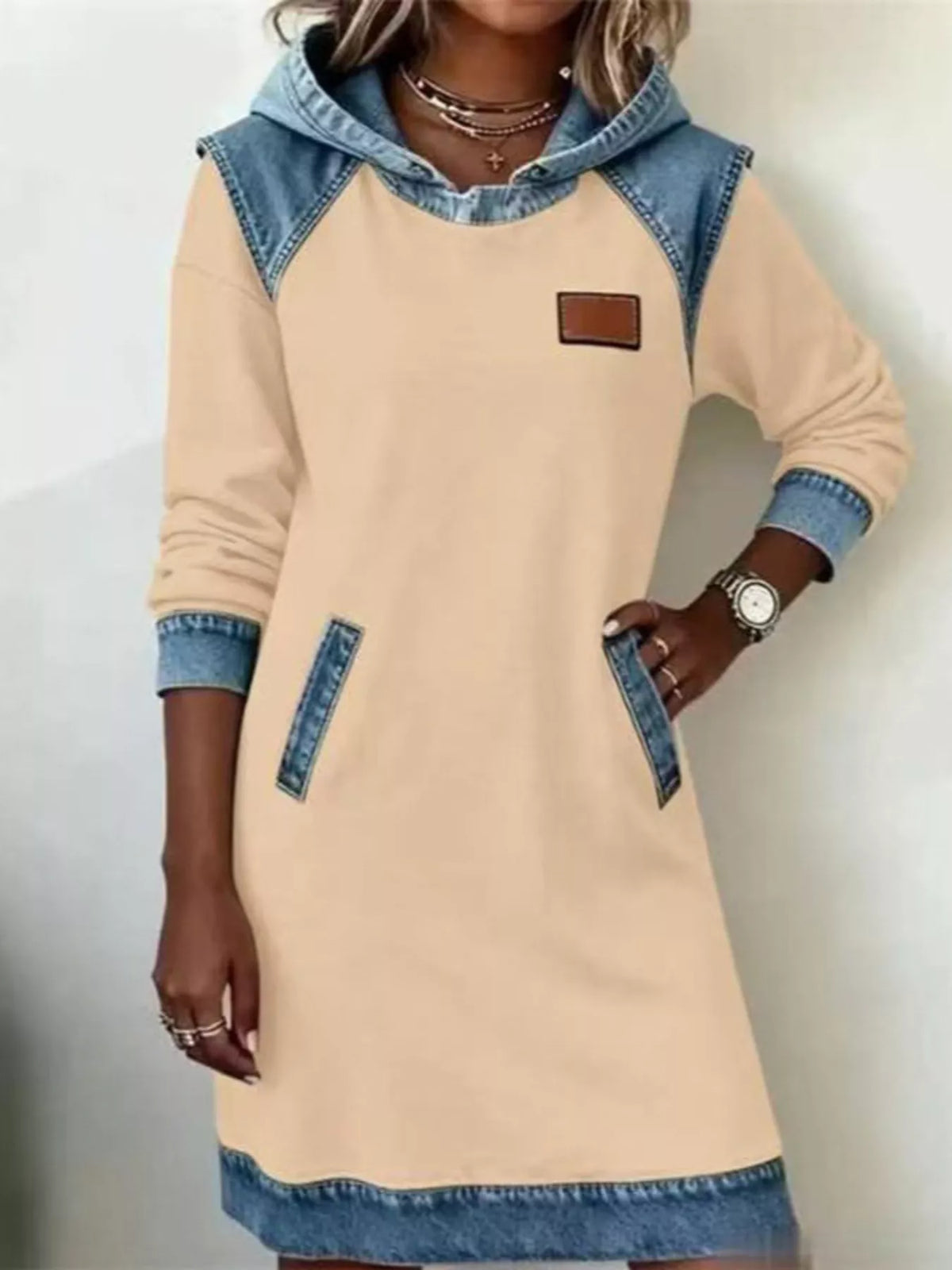 Full Size Denim Patchwork Hooded Sweatshirt Dress Plus Size - Lilixa.store