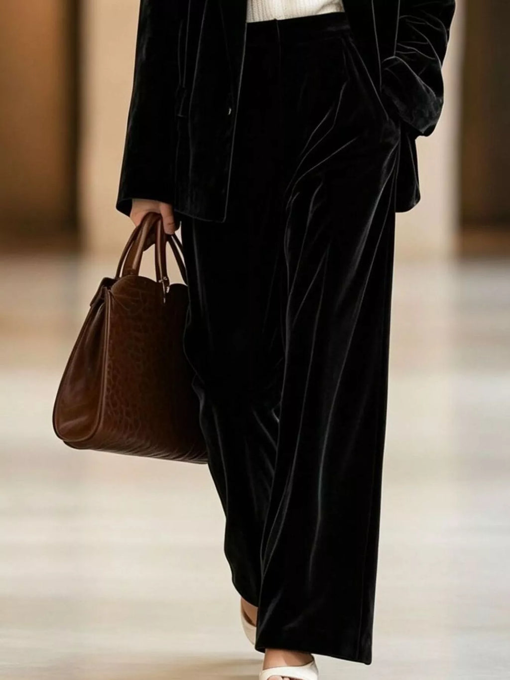 Velvet Blazer and Wide-Leg Pants Two-Piece Set - Lilixa.store