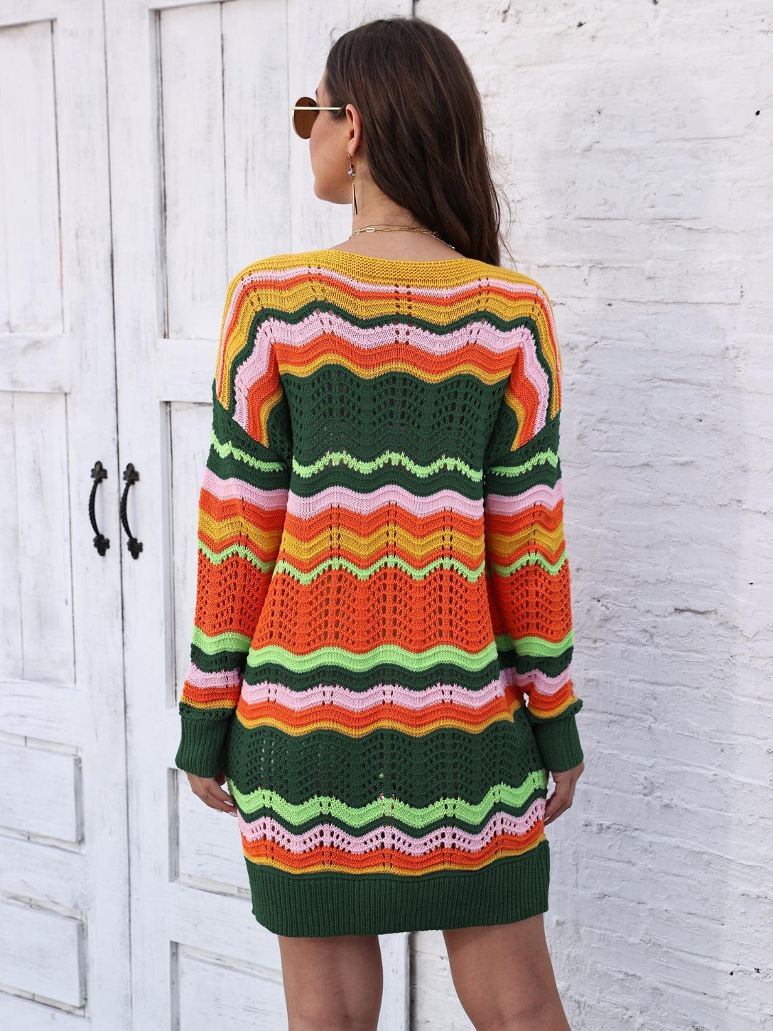 Openwork Round Neck Sweater Dress, view 6