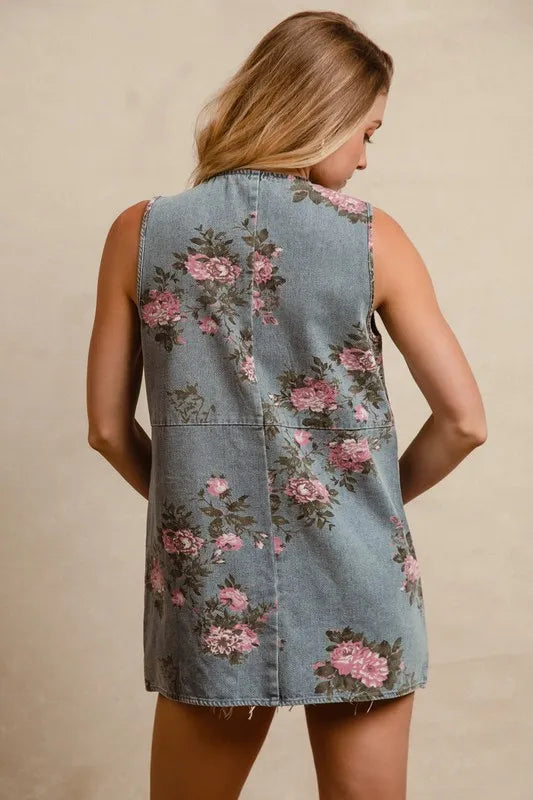 BiBi Floral Print Washed Denim Long Rider Vest, view 9