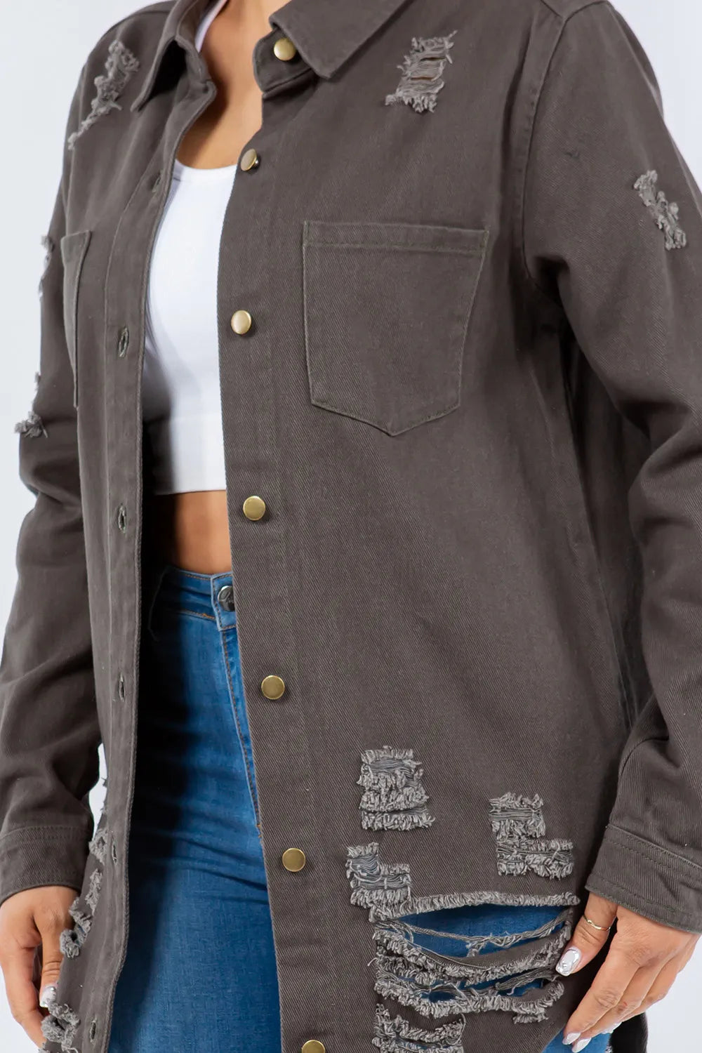 American Bazi Distressed Button Up Long Sleeve Denim Jacket - Lilixa.store