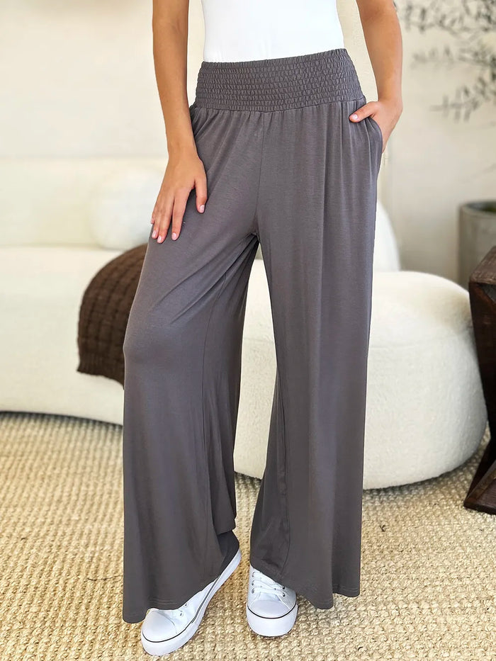 Basic Bae Full Size Smocked Wide Waistband Wide Leg Pants - Lilixa.store