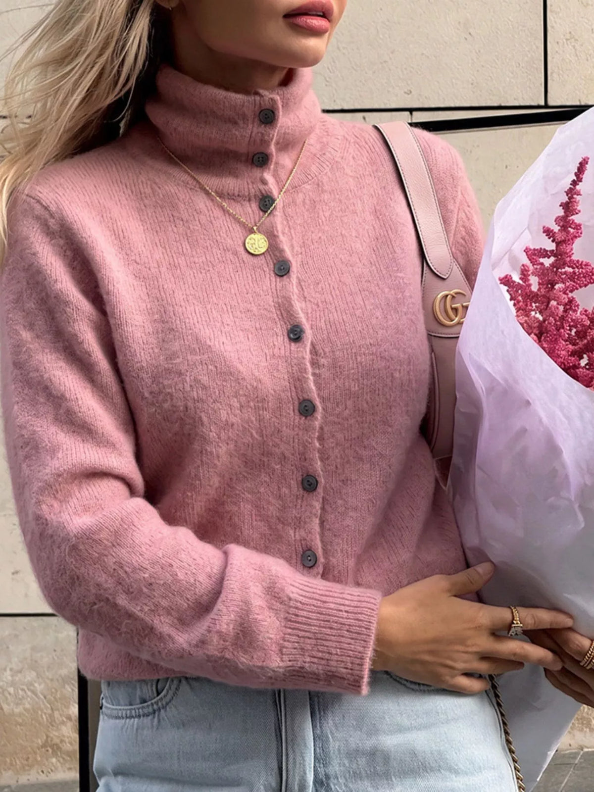 Mock Neck Button-Down Fuzzy Knit Cardigan in Dusty Pink