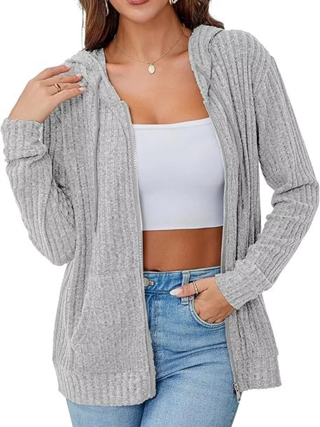 Ribbed Zip Up Hooded Outerwear - Lilixa.store