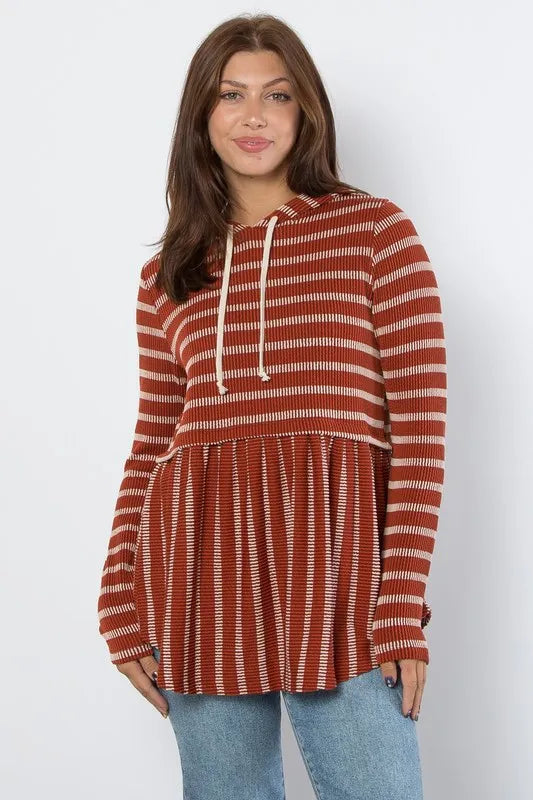 Be Stage Full Size Drawstring Striped Babydoll Hoodie - Lilixa.store