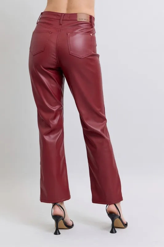 Judy Blue Full Size High Waist Tummy Control Faux Leather Straight Pants Plus Size - Lilixa.store