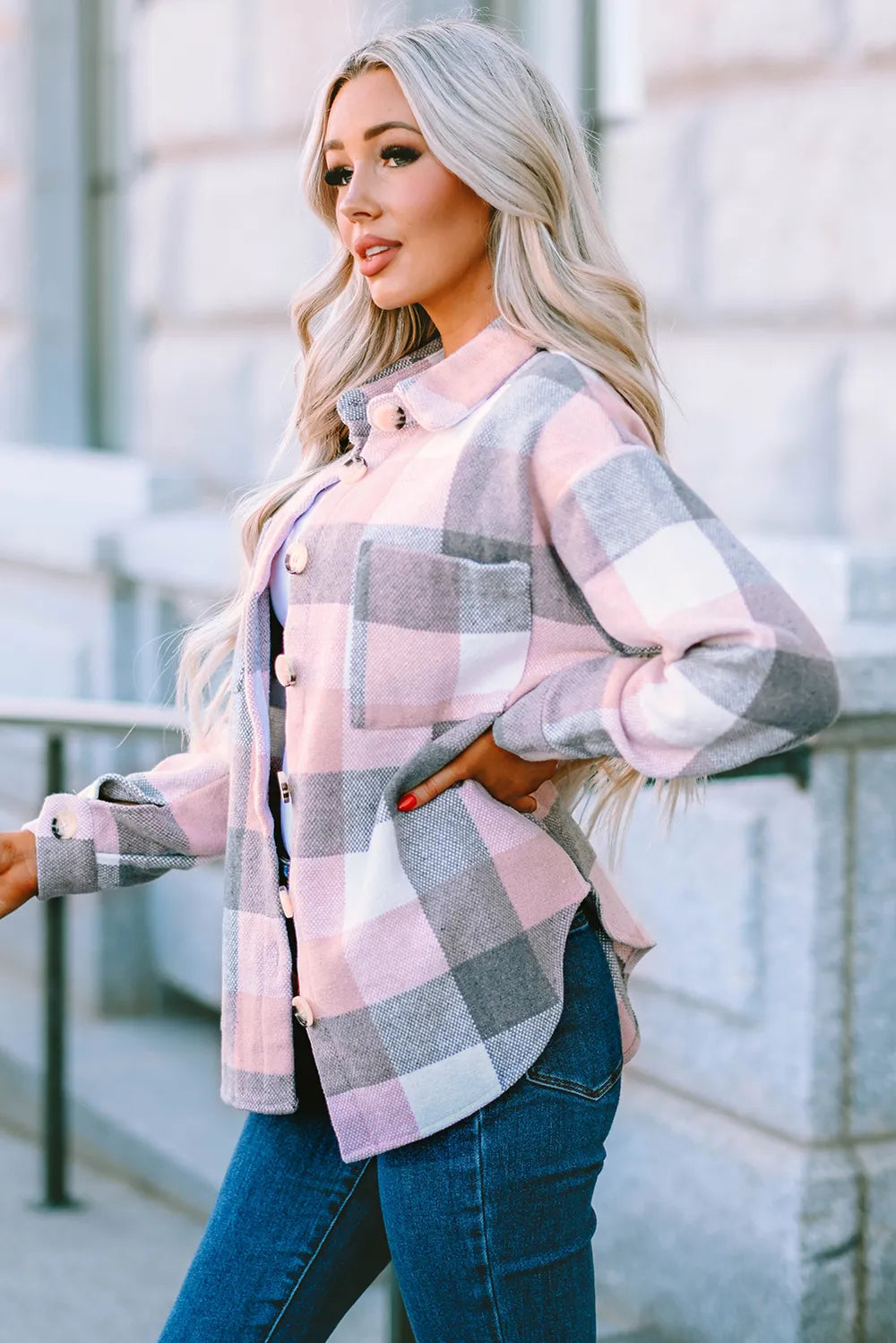 Plaid Button Up Dropped Shoulder Jacket, view 6