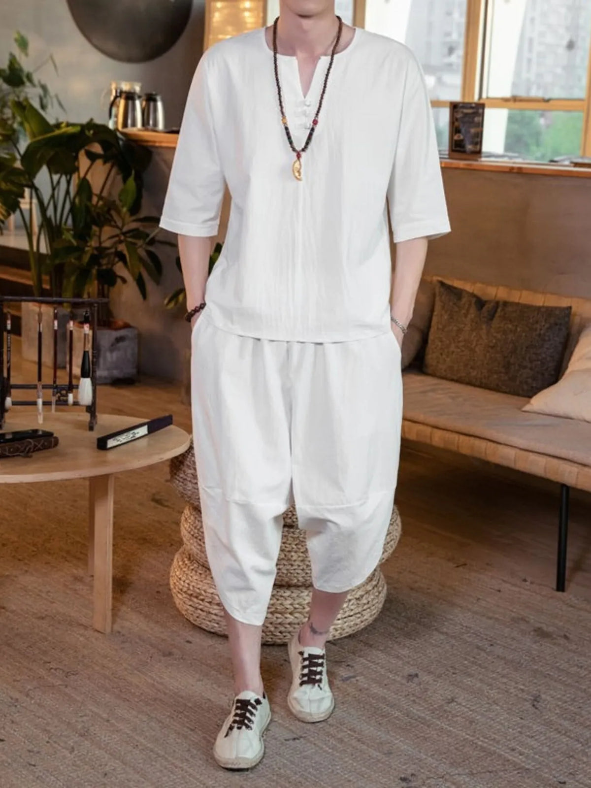 Men's Plus Size Notched Half Sleeve Top and Cropped Pants Set in White