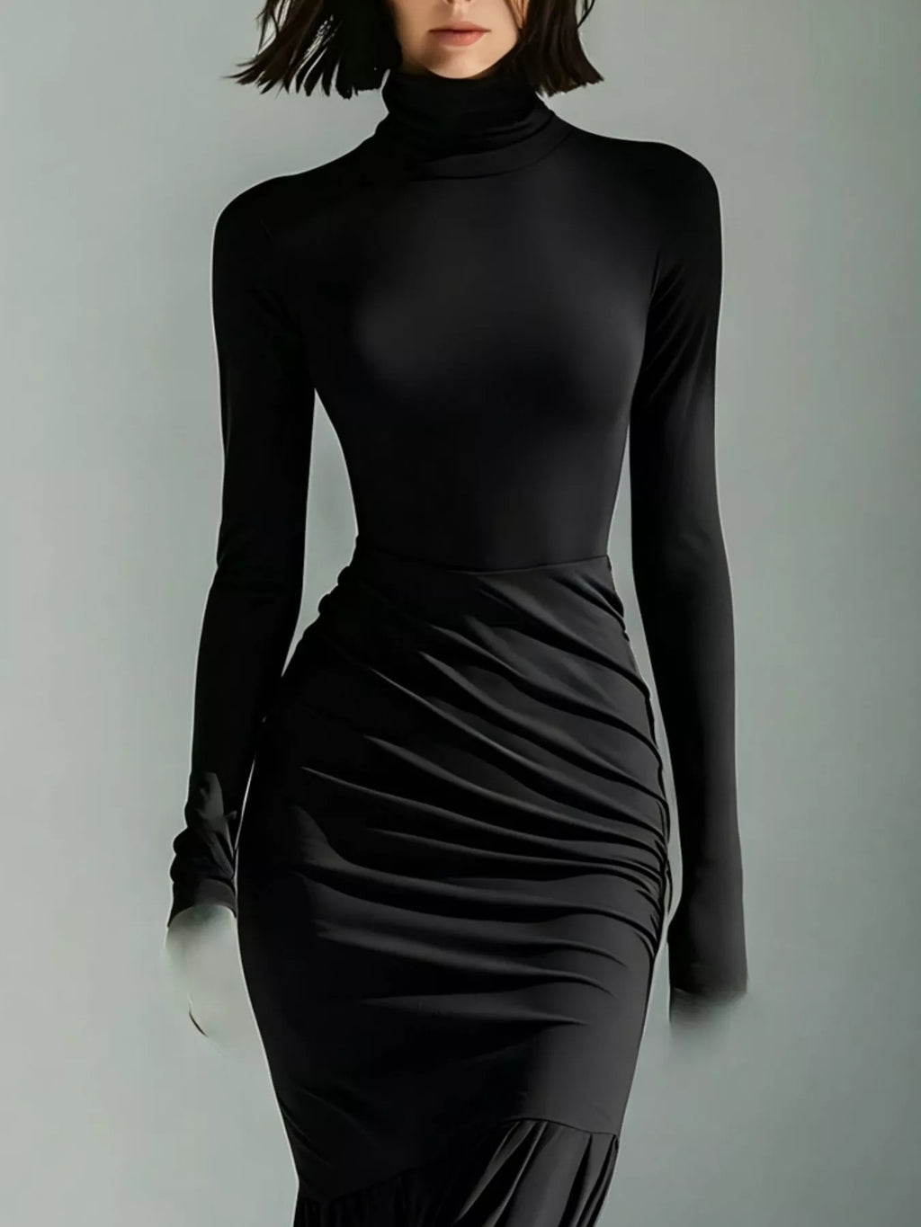 Full Size Slit Turtleneck Ruched Bodycon Mermaid Dress Plus Size - Lilixa.store