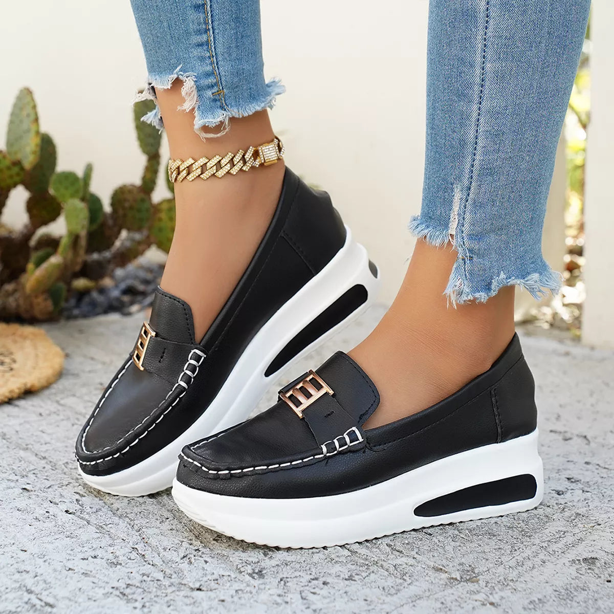 Metal Buckle Round Toe Slip-Ons, view 5