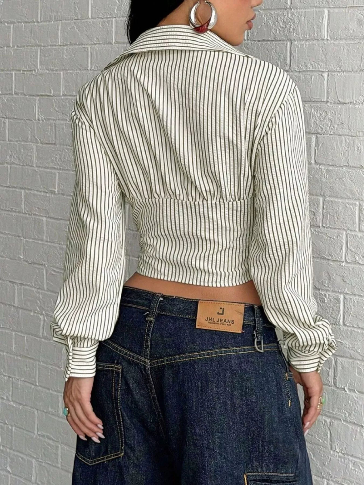 Deep V-Neck Striped Long Sleeve Blouse in Apricot, view 5