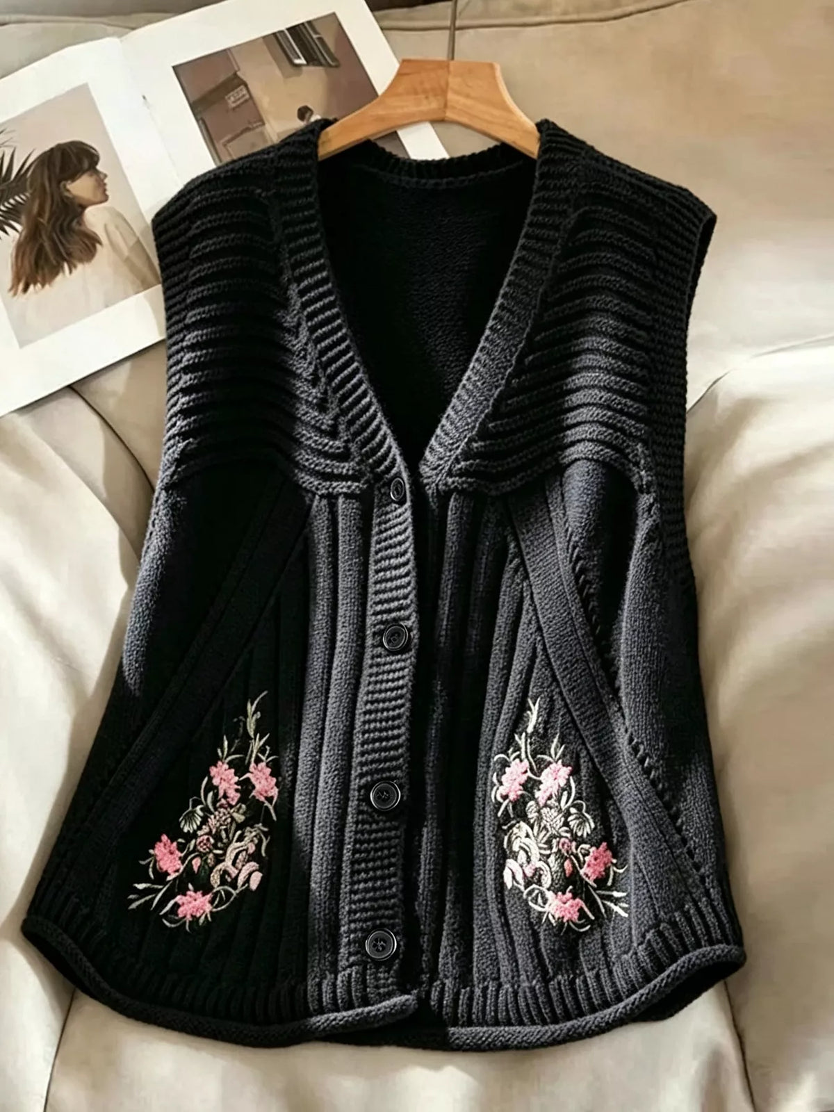 Floral Embroidered V-Neck Button-Down Sweater Vest - Lilixa.store