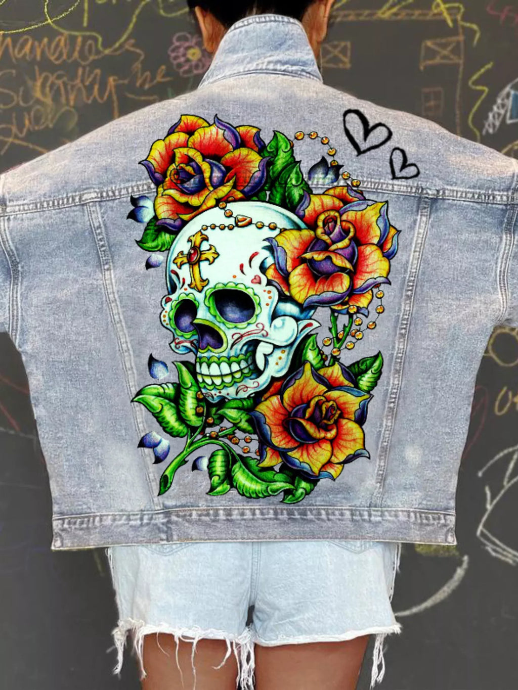 Full Size Skull Graphic Button Up Denim Jacket Plus Size - Lilixa.store