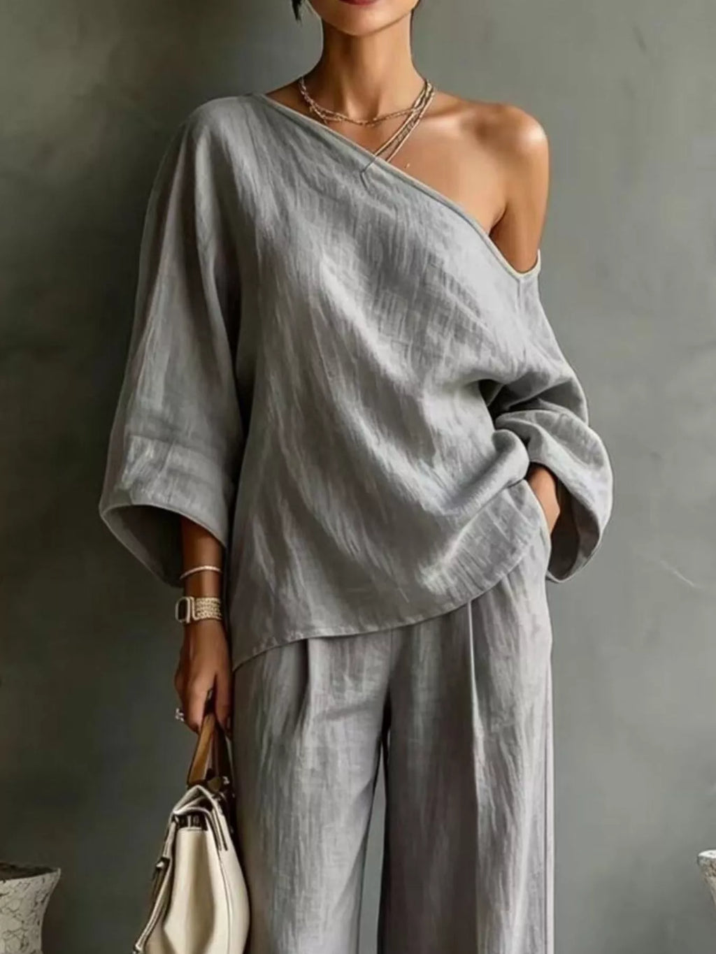 One Shoulder Top and Wide Leg Pants Set - Lilixa.store