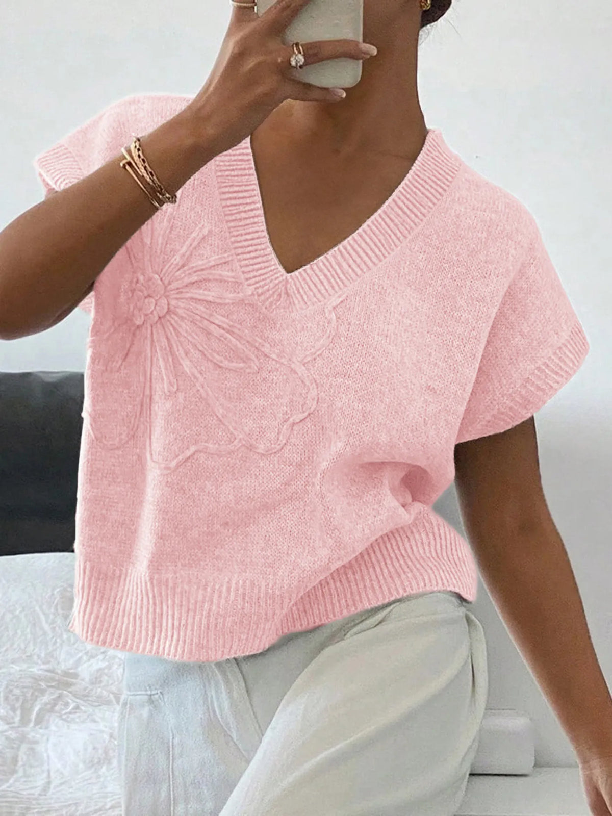 Ribbed Hem V-Neck Short Sleeve Sweater - Lilixa.store