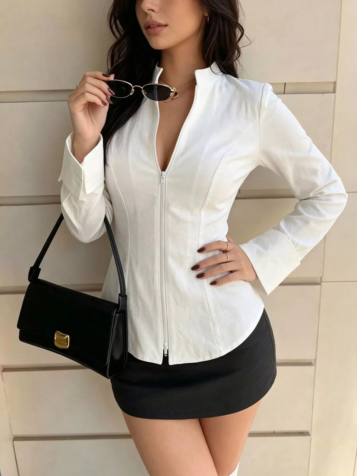 Zip Up Long Sleeve Top in Ivory, view 2