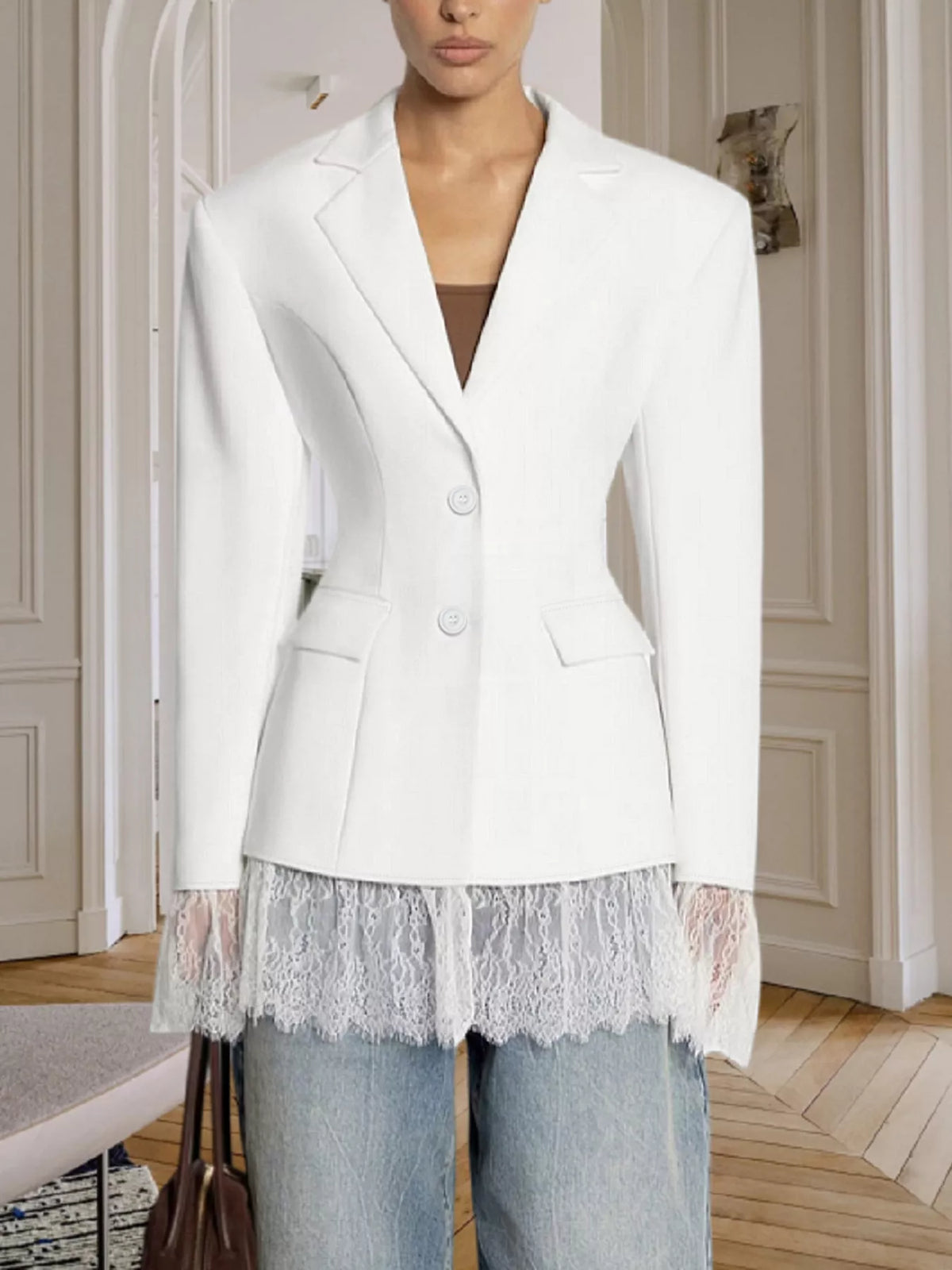 Lace Hem Button Down Blazer - Lilixa.store