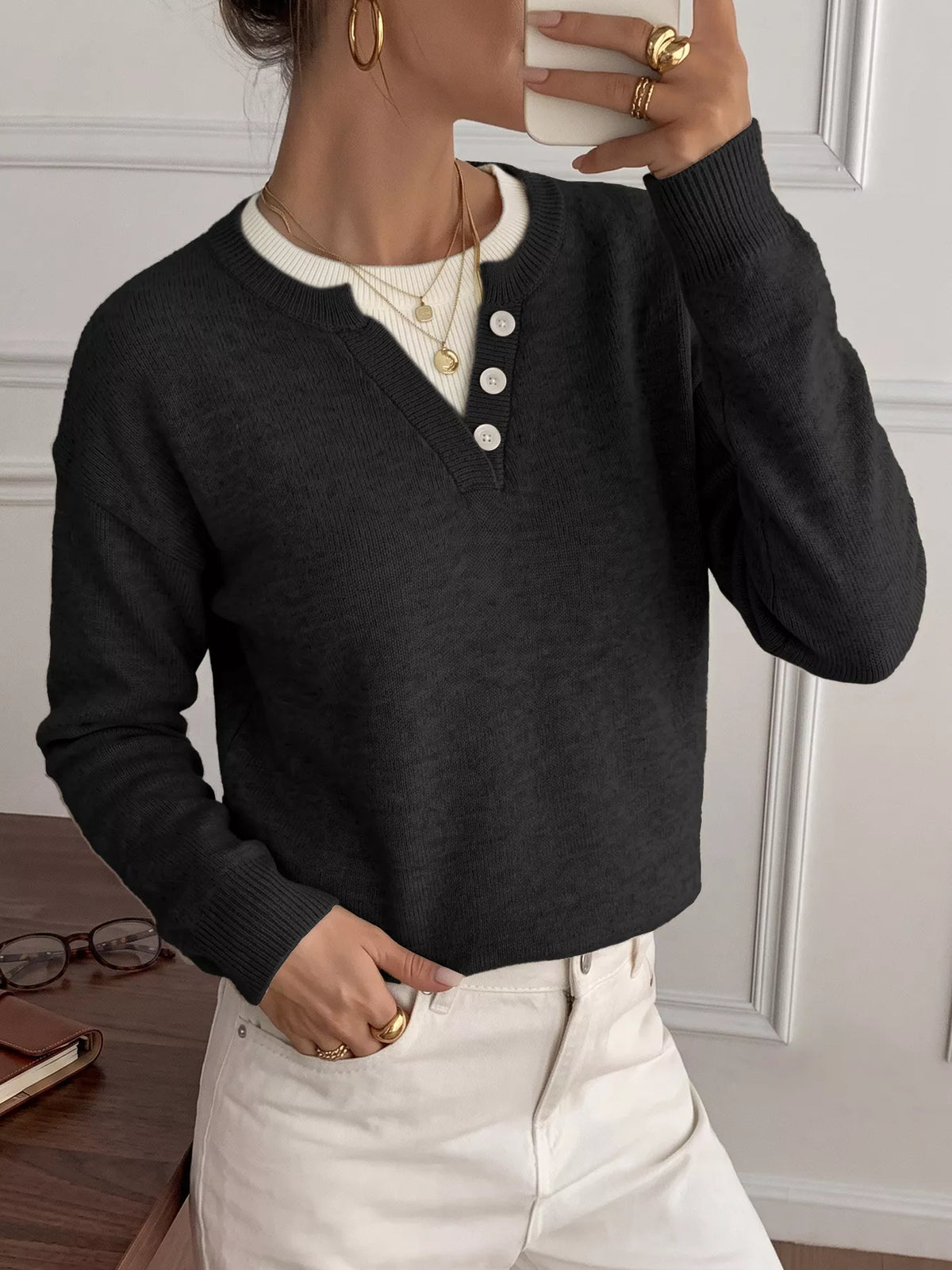Decor Button-Placket Ribbed Knit Sweater