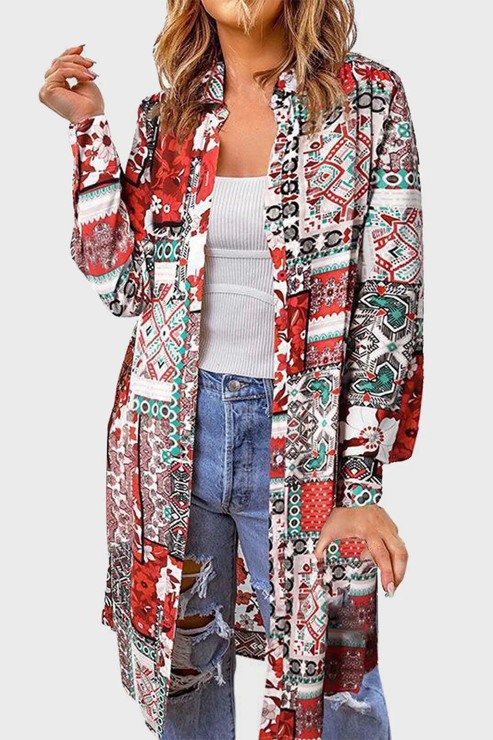 Printed Button Up Long Sleeve Cardigan in Deep Red