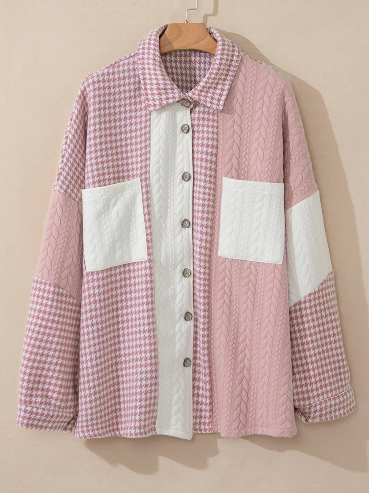 Button Down Houndstooth Color Block Shacket, view 11
