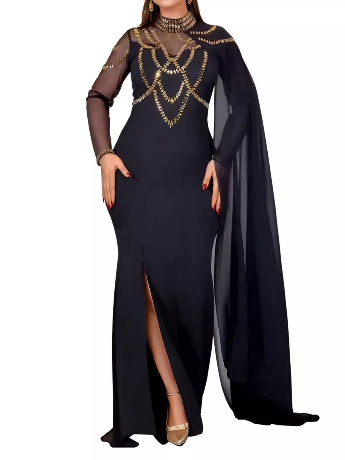 Rhinestone Slit Maxi Dress with Sheer Cape Sleeves - Lilixa.store