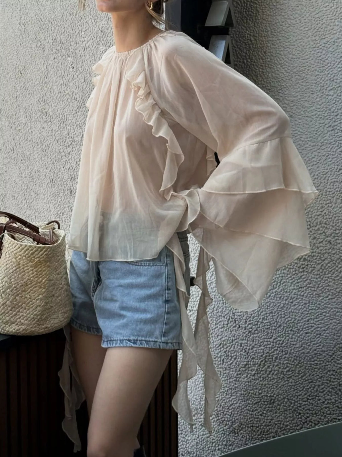 Ruffled Flare Sleeve Blouse in Eggshell